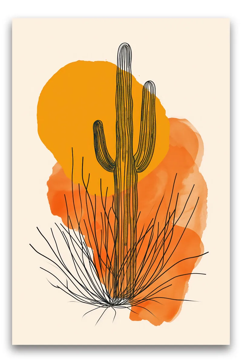 A stylized illustration of a saguaro cactus wall art