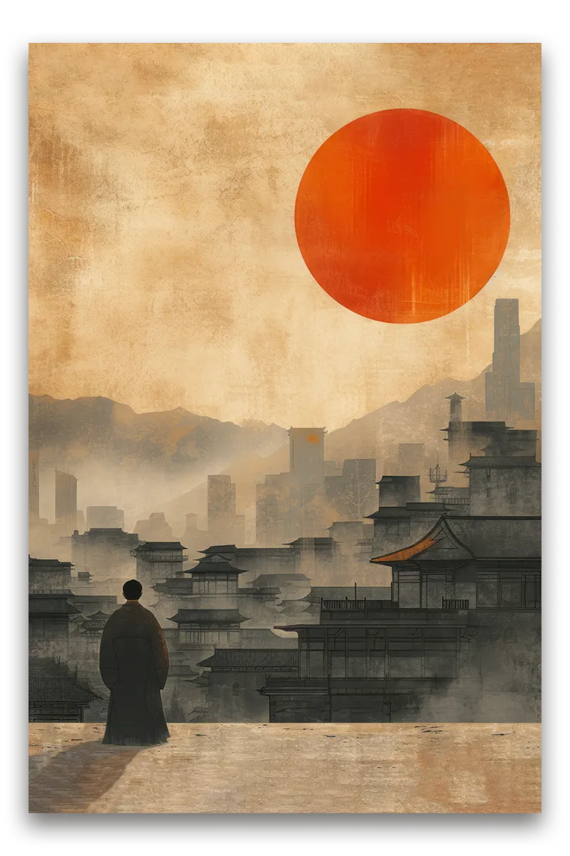 Full shot of a stylized illustration, likely digitally created, evoking a scene from an East Asian historical setting wall art
