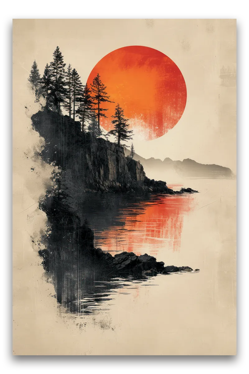 Full shot of a landscape painting, possibly in a style reminiscent of Japanese art or ink painting wall art