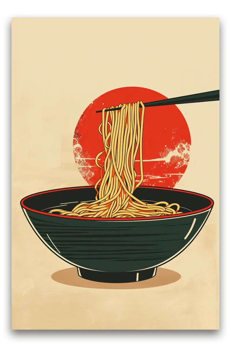 A close-up view of a stylized illustration of ramen wall art