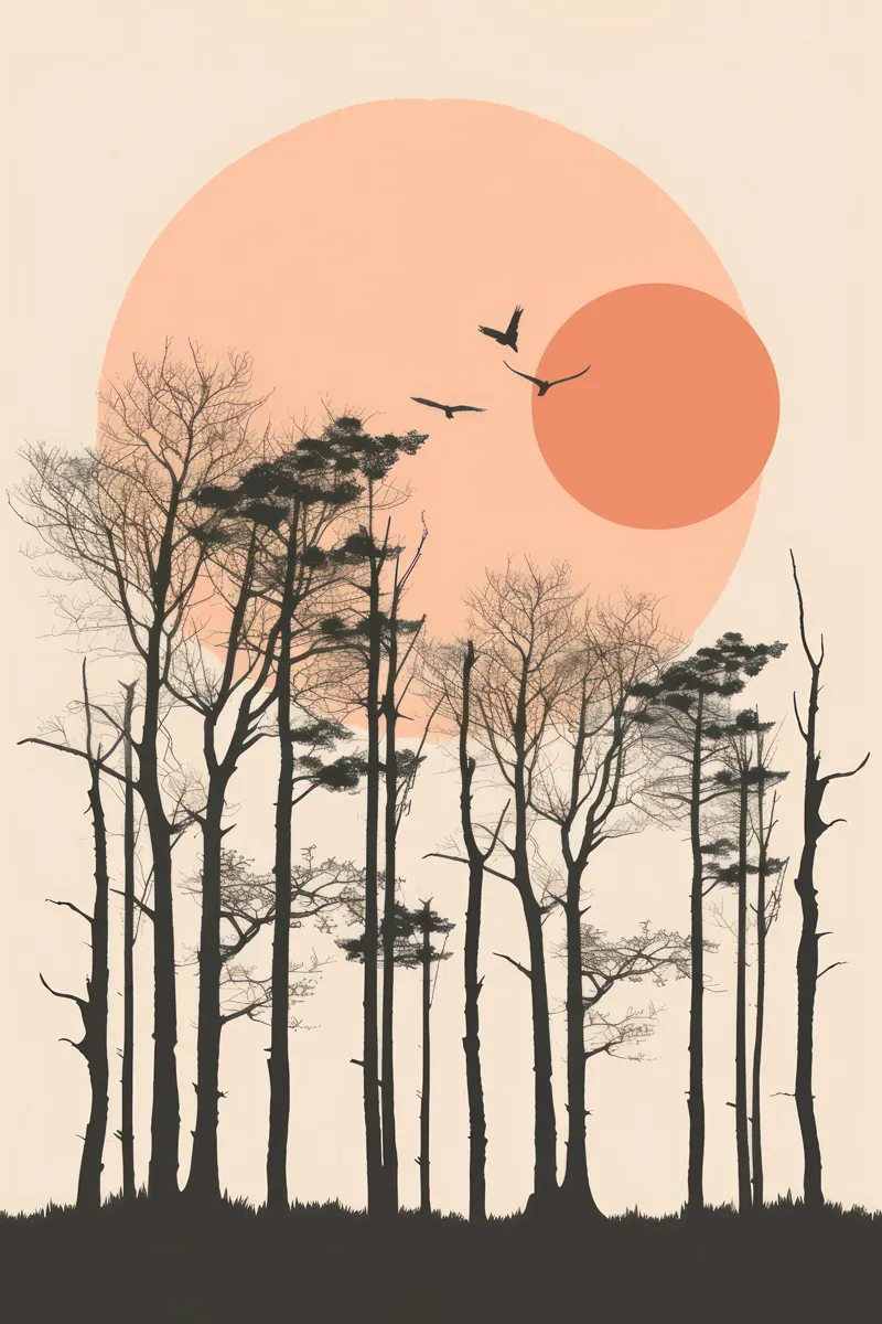 Silhouette of a forest at sunset or sunrise