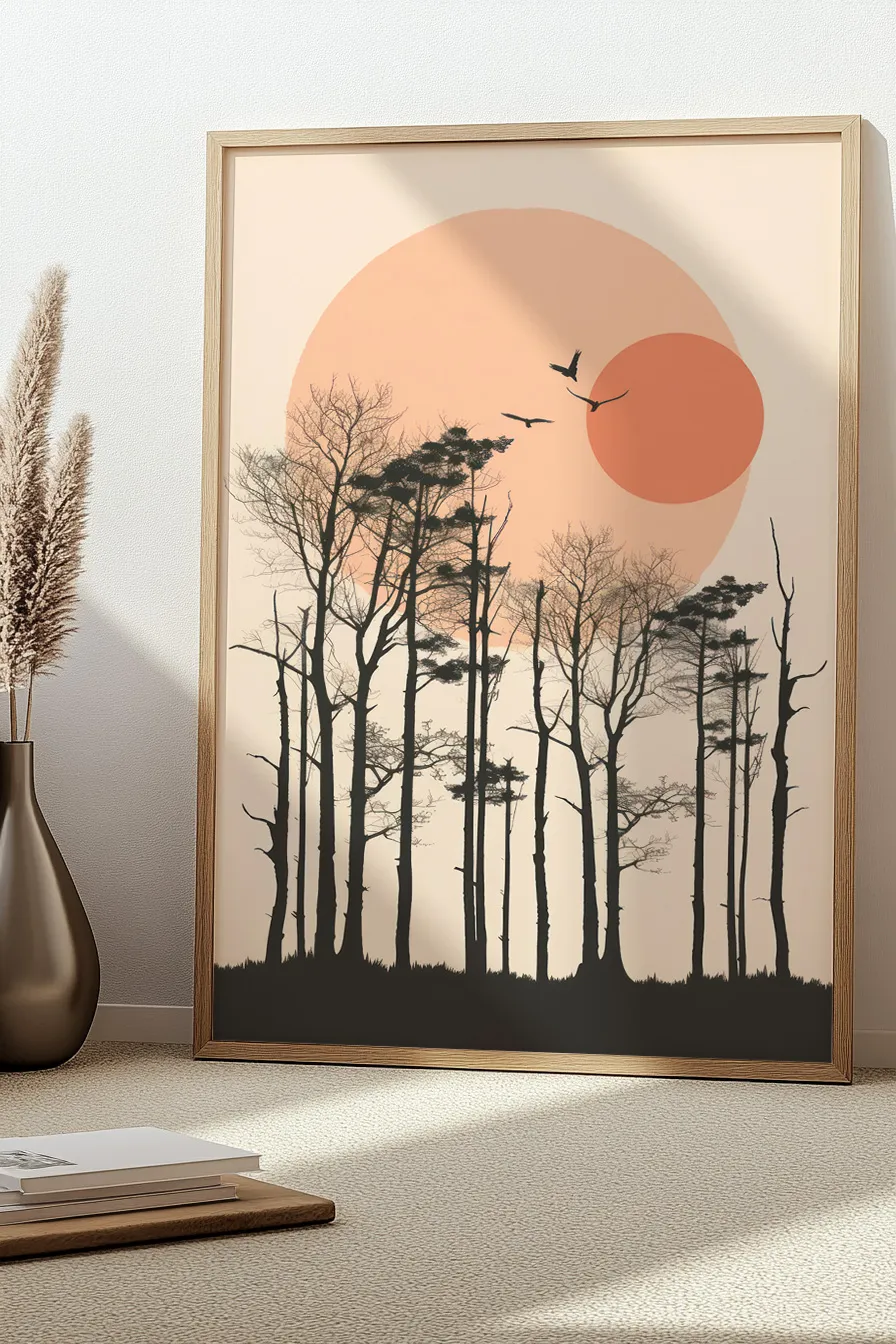 Silhouette of a forest at sunset or sunrise in framed wall art