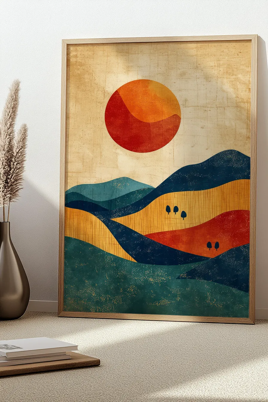 Full shot of an abstract landscape painting in framed wall art