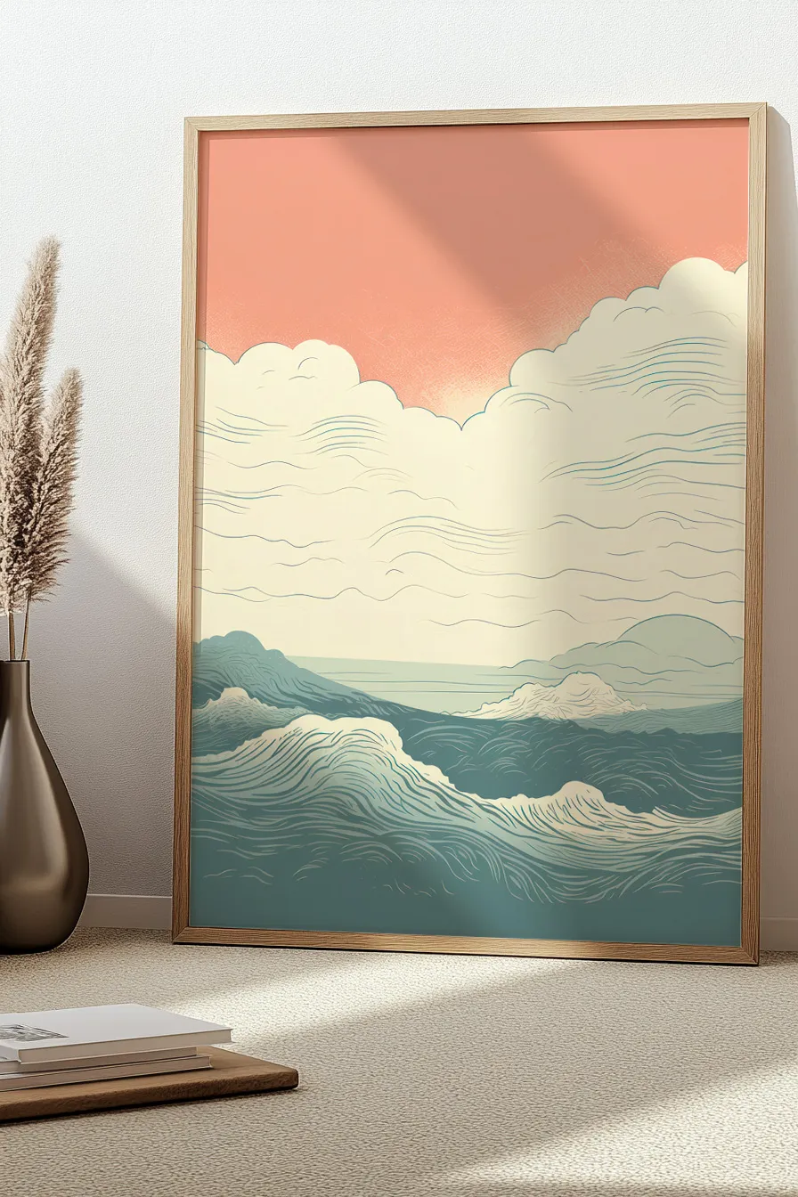 Full shot of a stylized landscape, likely inspired by a coastal scene in framed wall art
