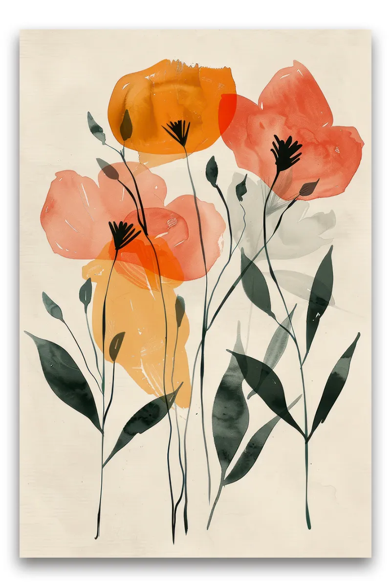 Abstract watercolor painting of flowers and foliage wall art
