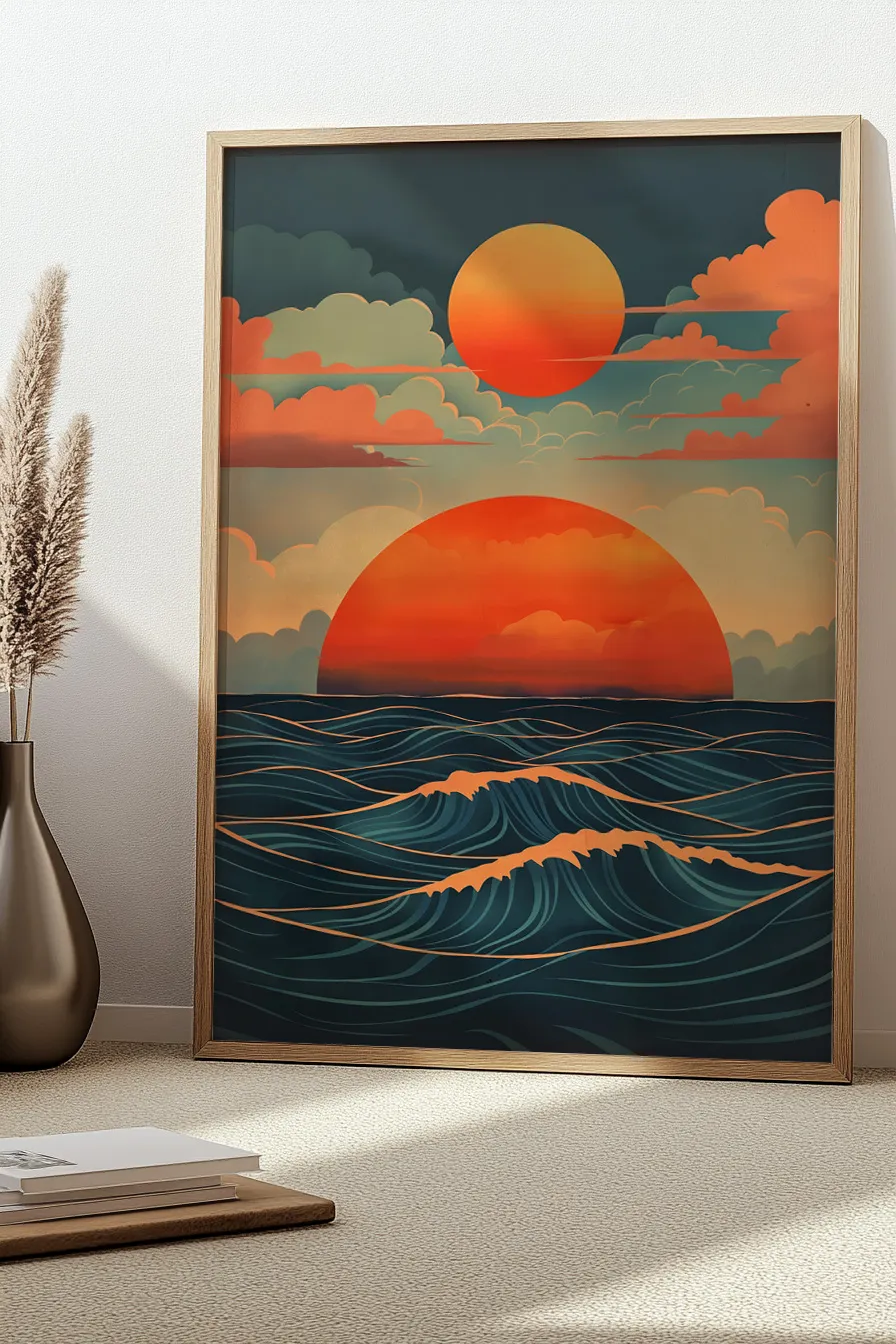 Full shot of a stylized landscape painting in framed wall art