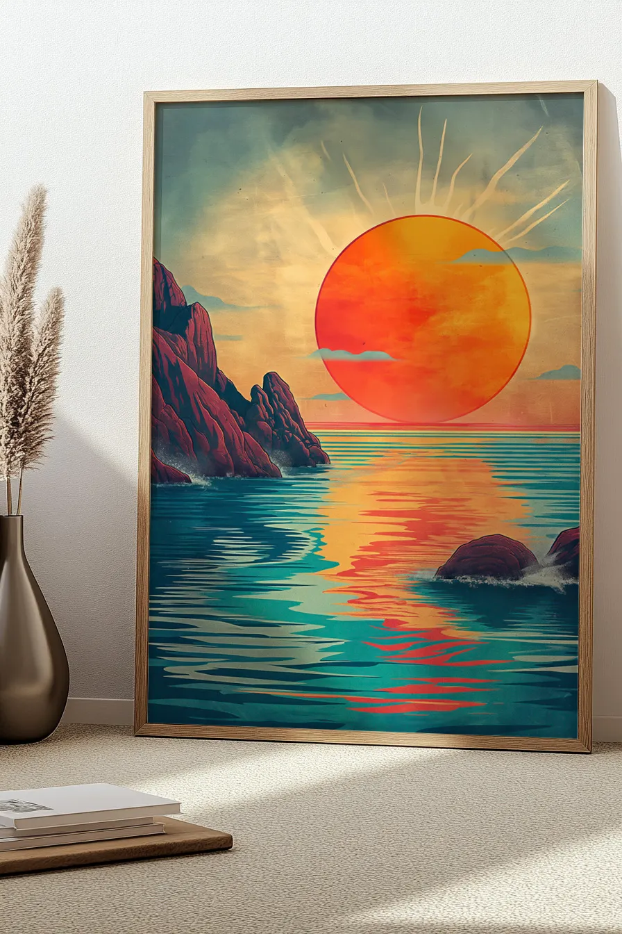 Full shot of a stylized landscape painting in framed wall art