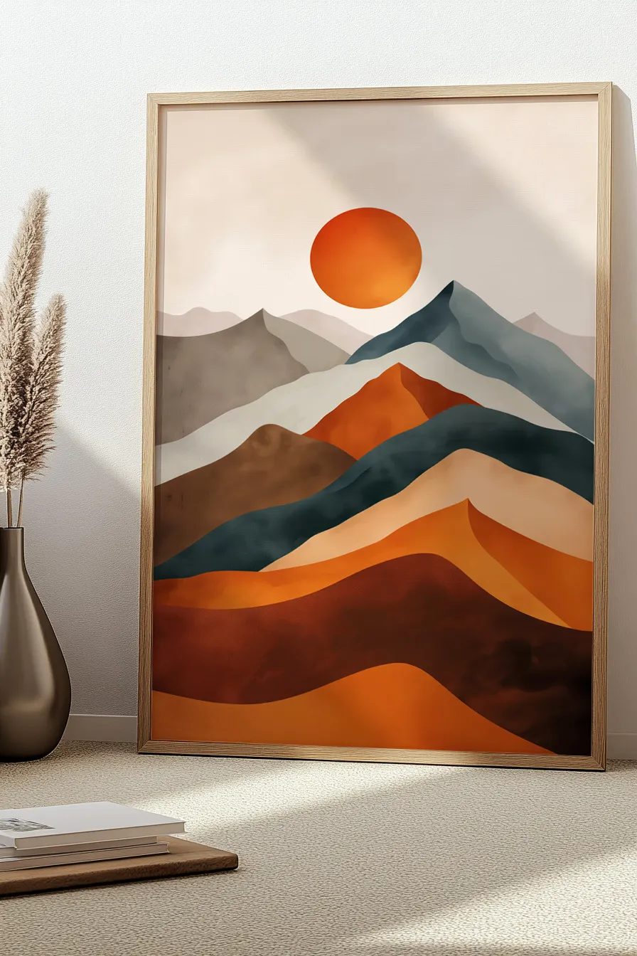 Full shot of an abstract landscape painting in framed wall art