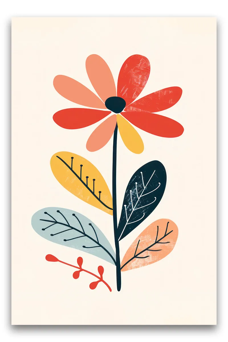 A stylized flower and leaves graphic wall art