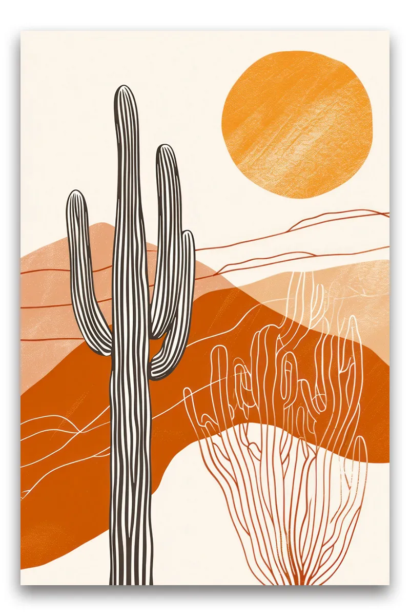 Full view of a minimalist, abstract illustration of a desert landscape, featuring a prominent saguaro cactus and other cacti, situated against a backdrop of orange and beige hills wall art
